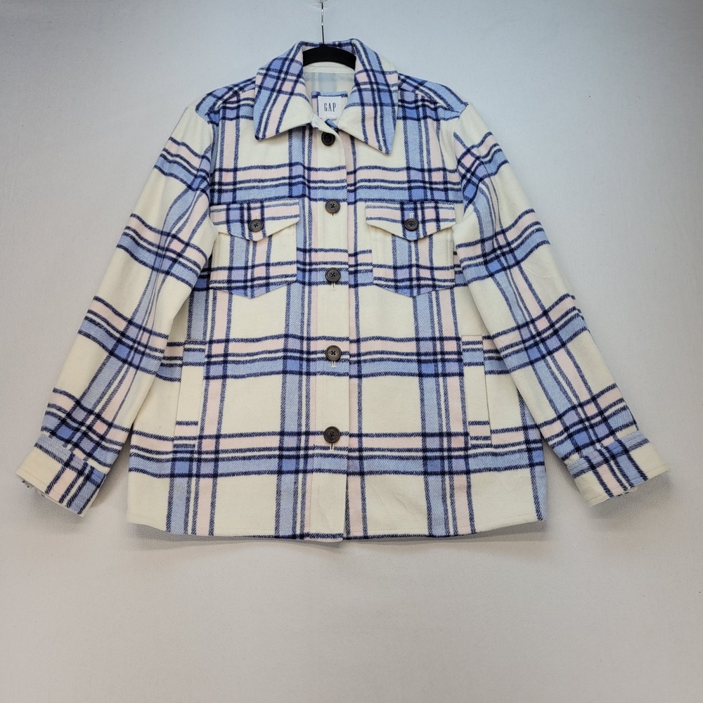 Gap Plaid Shacket Women Small Navy Pink Plaid Button Front Wool Blend‎